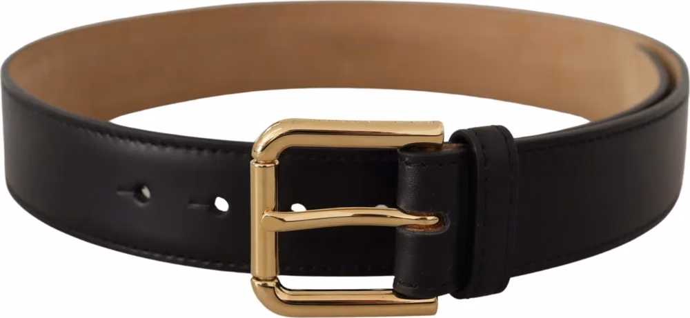 Dolce & Gabbana Black Solid Leather Classic Gold Waist Buckle Belt