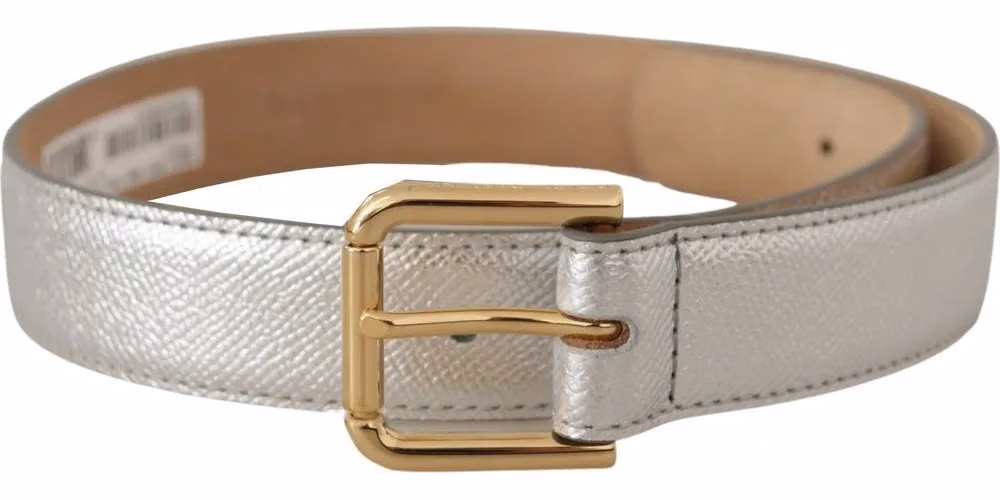 Dolce & Gabbana Silver Leather Gold Tone Logo Metal Waist Buckle Belt