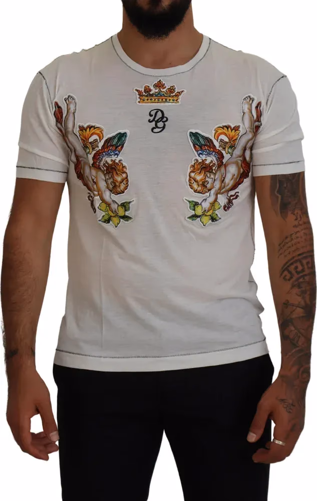 Dolce & Gabbana White Printed Short Sleeves Men T-shirt