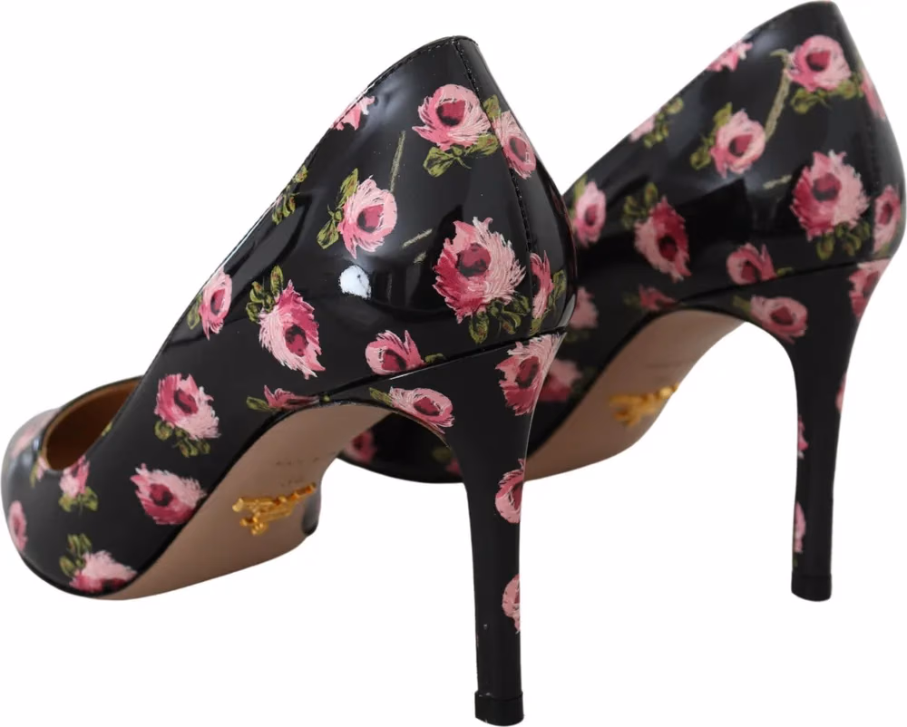 Prada Black Leather Floral Heels Stilettos Pumps