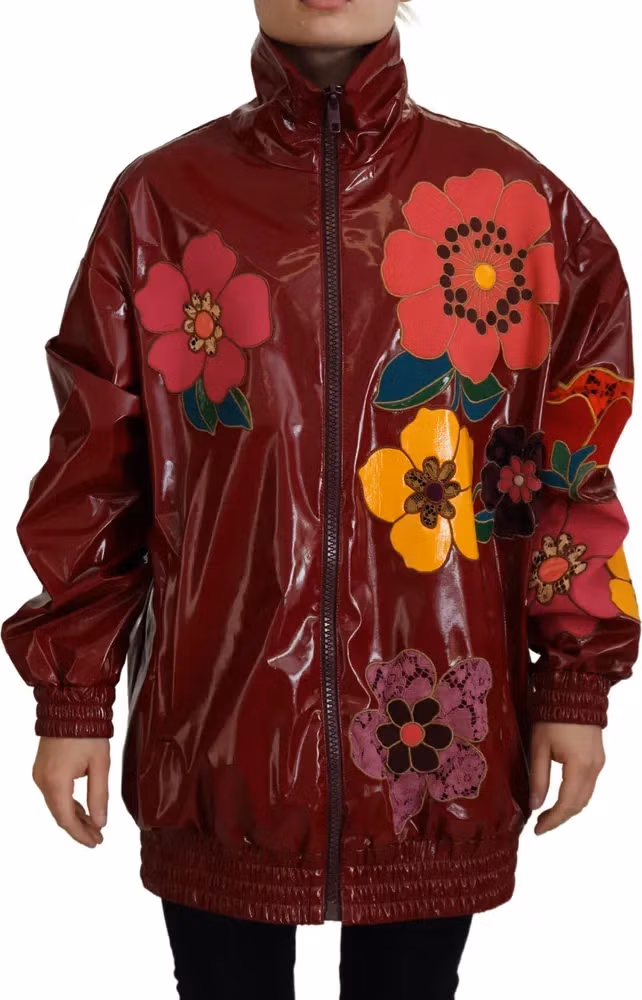 Dolce & Gabbana Maroon Floral Full Zip Polyester Women Jacket