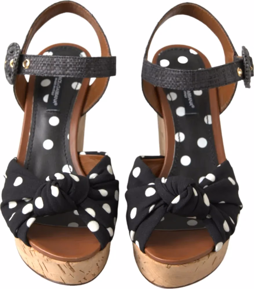Dolce & Gabbana Black  Wedges Polka Dotted Ankle Strap Shoes Sandals