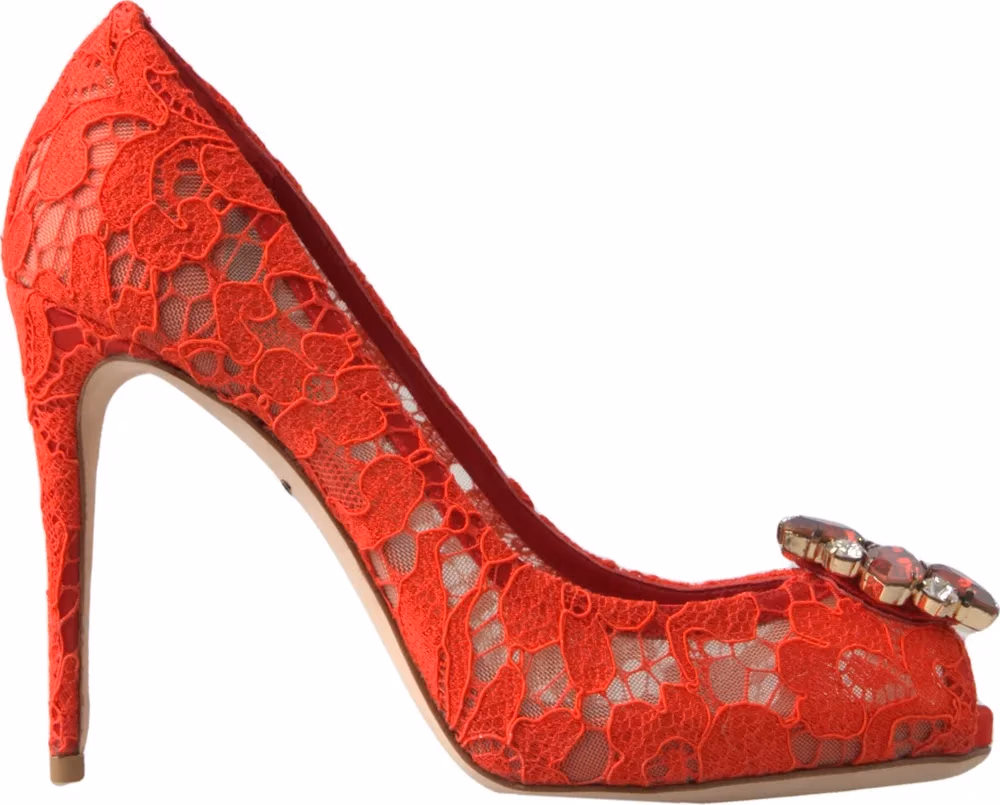 Dolce & Gabbana Red Taormina Lace Crystal Heels Pumps Shoes
