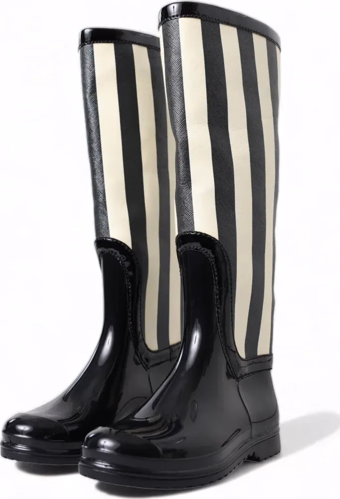 Dolce & Gabbana Black Rubber Knee High Flat Boots Shoes