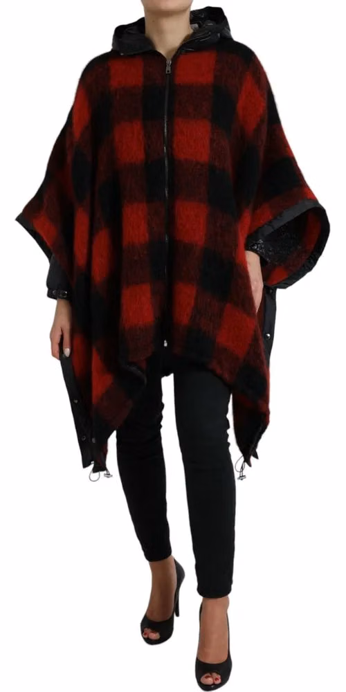 Dolce & Gabbana Black Red Buffalo Check Hooded Poncho Jacket