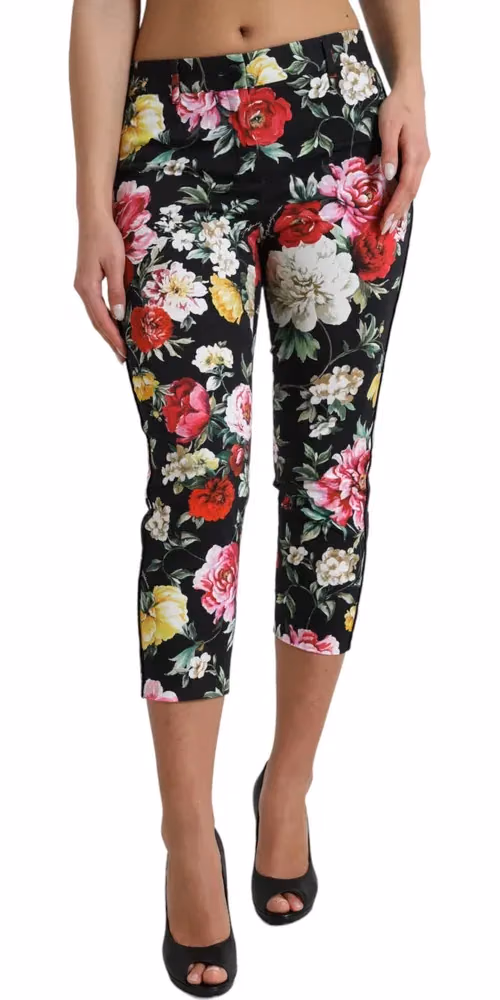 Dolce & Gabbana Black Floral Print Mid Waist Cropped Pants