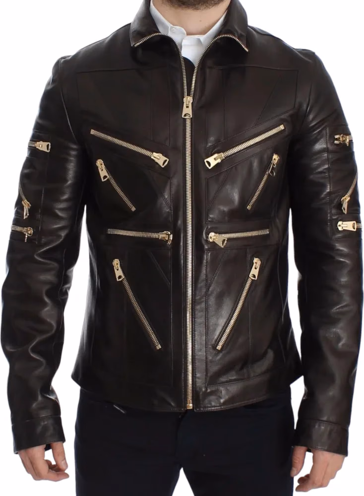 Dolce & Gabbana Brown Lambskin Leather Zipper Jacket