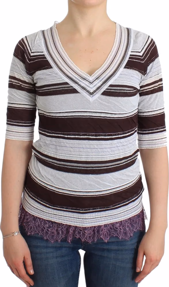 Ermanno Scervino Striped Lace V-Neck Short Sleeve Top Sweater