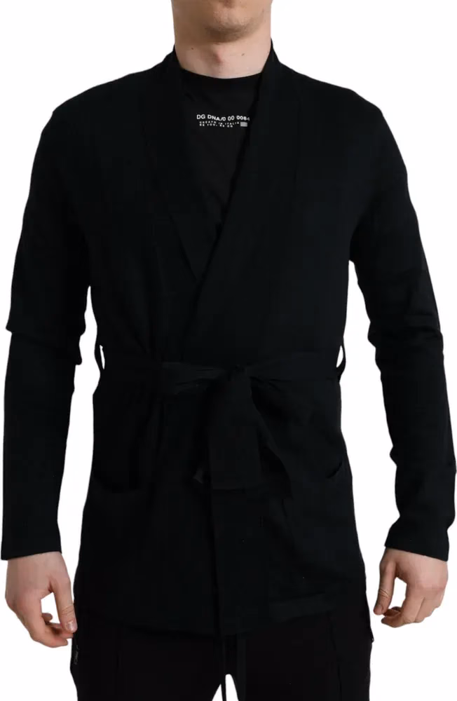 Dolce & Gabbana Black Cashmere Long Sleeves Belted Wrap Robe