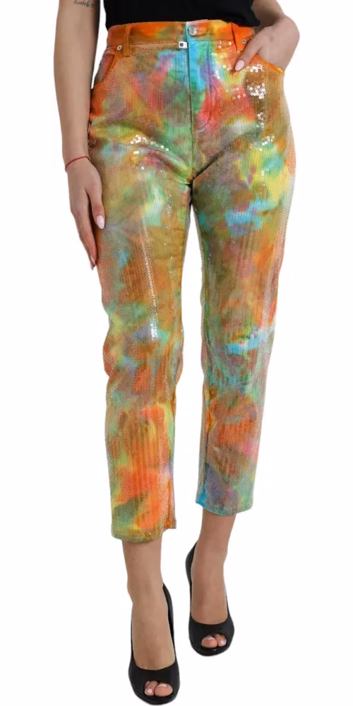 Dolce & Gabbana Multicolor Tie Dye Sequined High Waist Cropped Pants