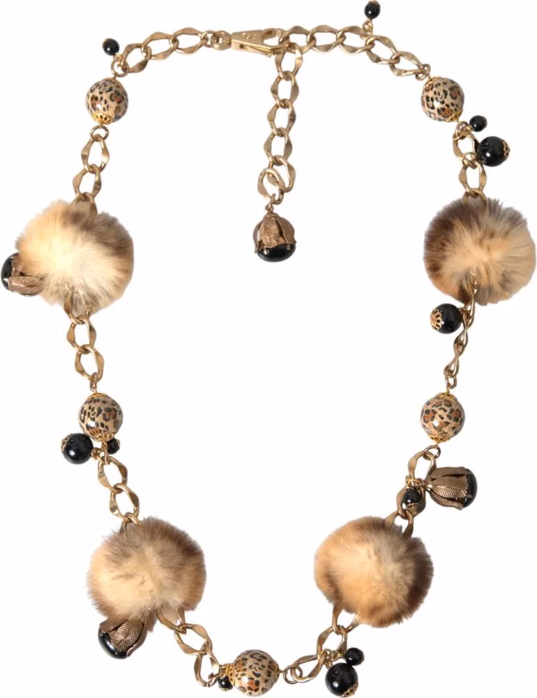 Dolce & Gabbana Gold Brass Leopard Fur Pearl Collier Chain Belt