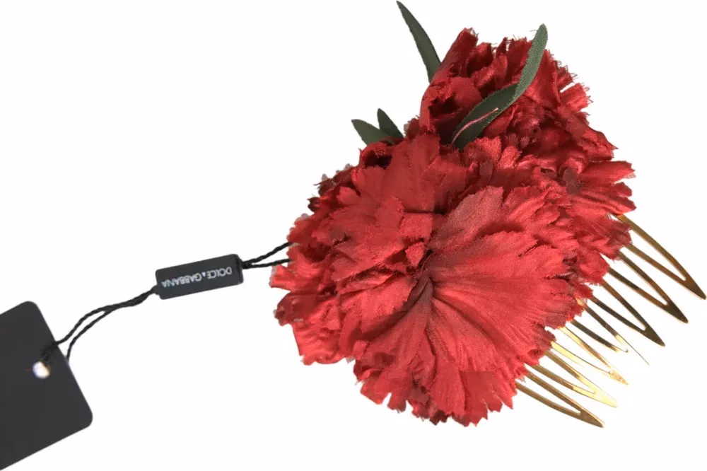 Dolce & Gabbana Red Silk Floral Gold Brass Women Hair Comb