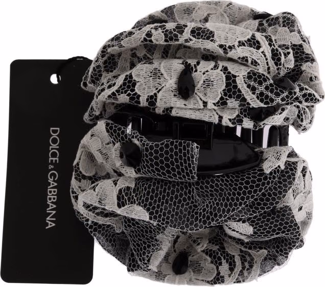 Dolce & Gabbana Black White Floral Lace Crystal Hair Claw