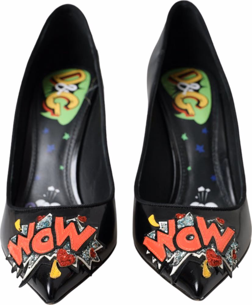 Dolce & Gabbana Black Leather WOW Patch Heels Pumps Shoes