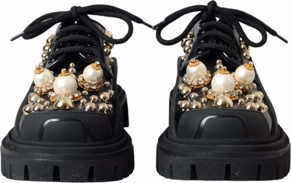 Dolce & Gabbana Black Leather Trekking Derby Embellished Shoes