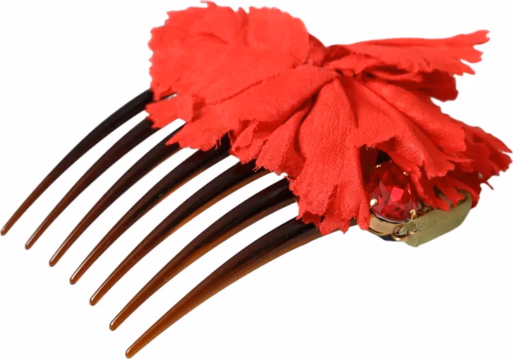 Dolce & Gabbana Red Silk Floral Gold Brass Women Hair Comb