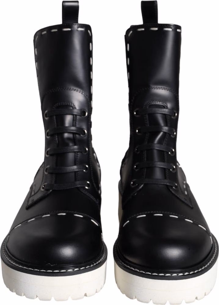 Dolce & Gabbana Black Leather Combat Mid Calf Boots Shoes