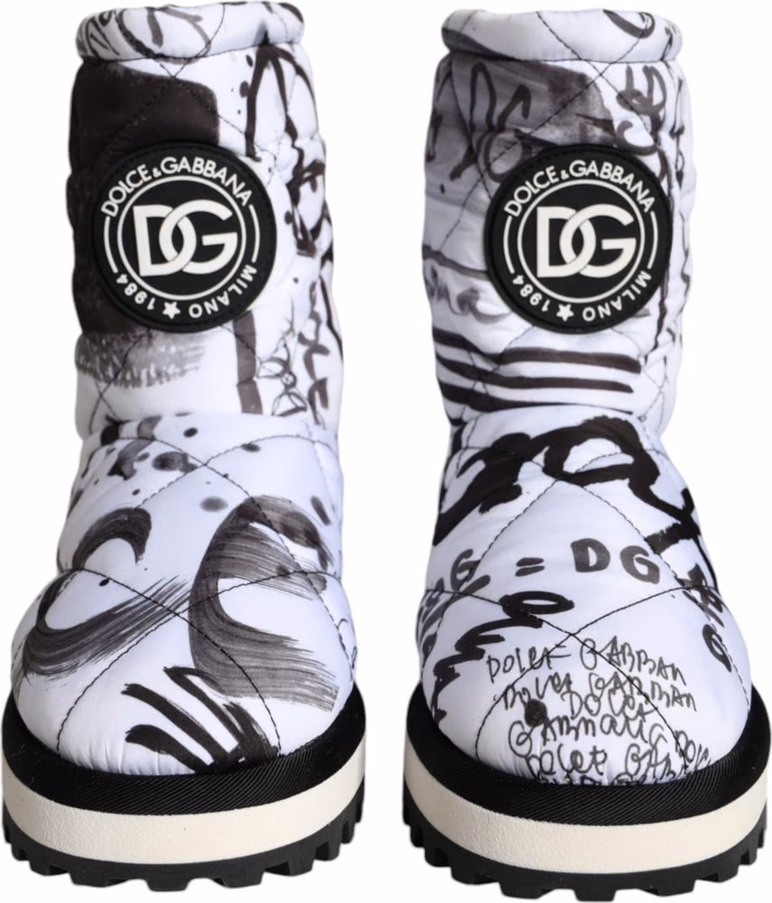 Dolce & Gabbana White Padded Logo Print Mid Calf Boots Shoes