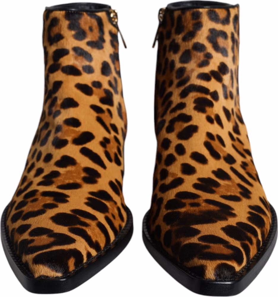 Dolce & Gabbana Brown Leopard Calf Fur Ankle Boots Shoes