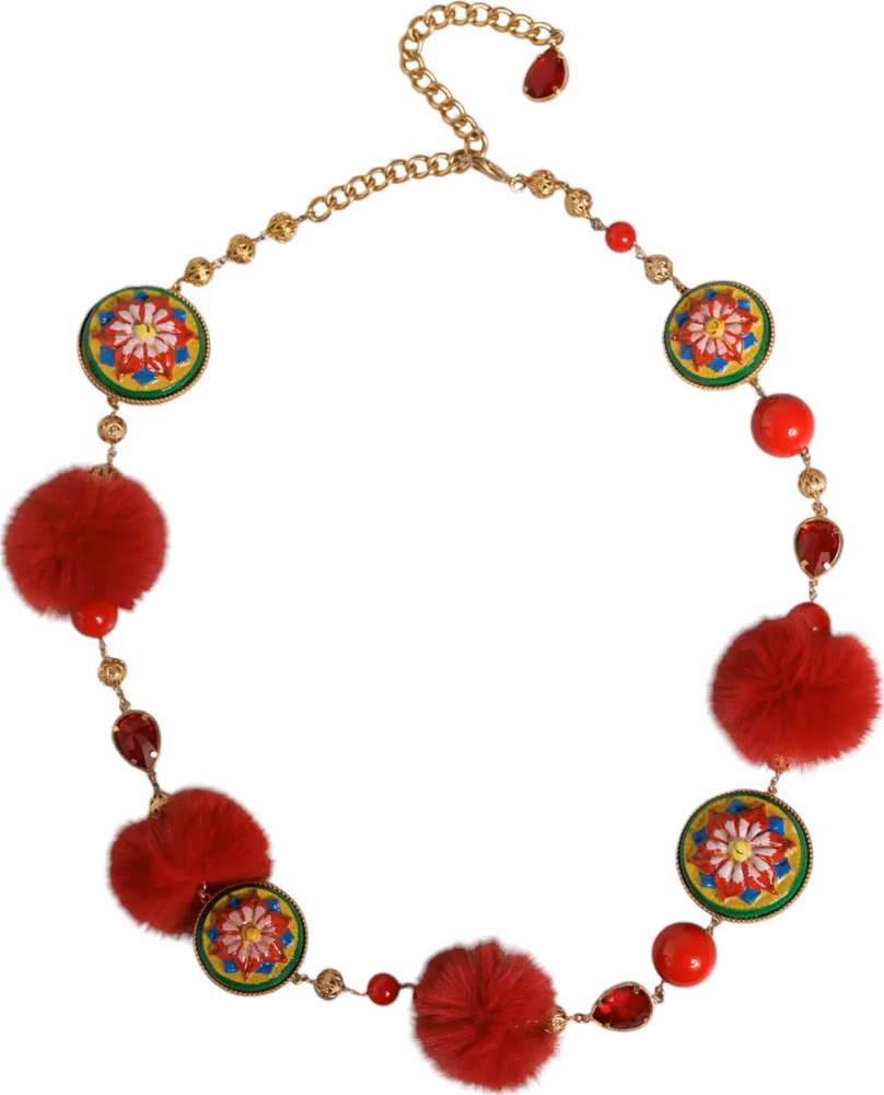 Dolce & Gabbana Gold Brass Red Fur Crystal Waist Torero Belt