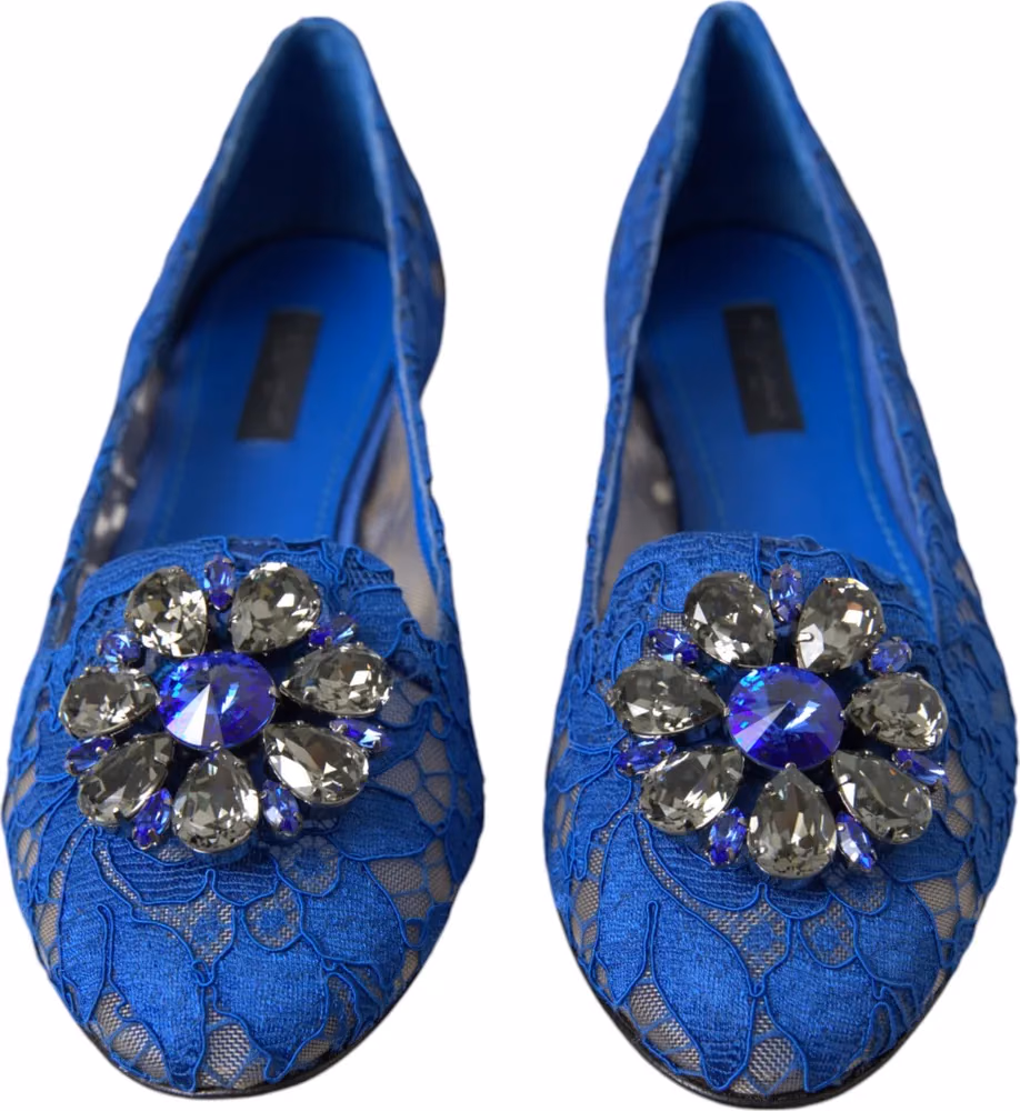 Dolce & Gabbana Blue Lace Crystal Ballet Flats Loafers Shoes