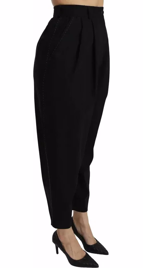 Dolce & Gabbana Black Wool High Waist Pleat Front Cropped Pants
