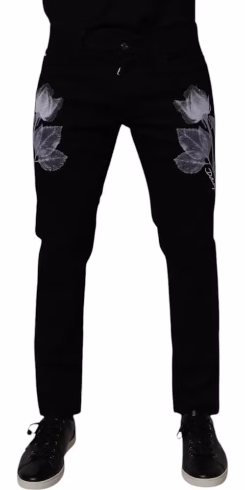 Dolce & Gabbana Black Floral Cotton Skinny Men Denim Jeans