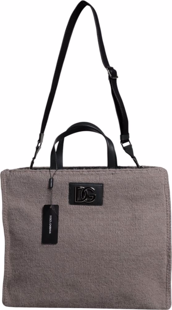 Dolce & Gabbana Grey Alpaca Wool Logo Plaque Tote Shoulder Bag