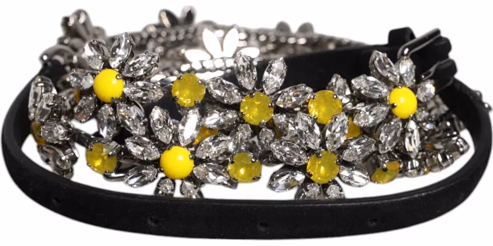 Dolce & Gabbana Black Leather Daisy Crystal Embellish Waist Belt