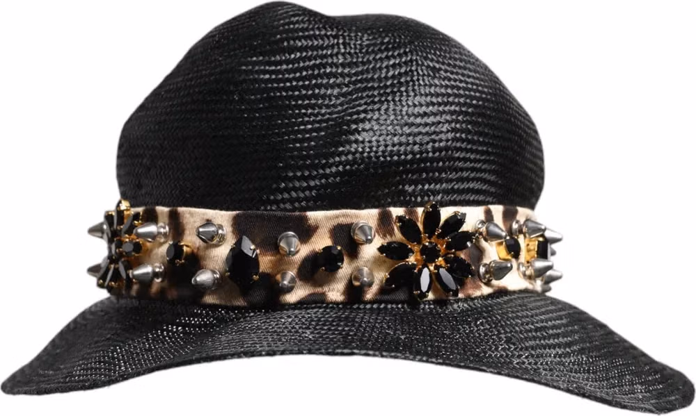 Dolce & Gabbana Black Straw Crystal Embellished Wide Brim Hat