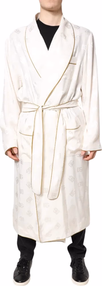 Dolce & Gabbana Ivory Silk Logo Men Wrap Robe Coat Jacket