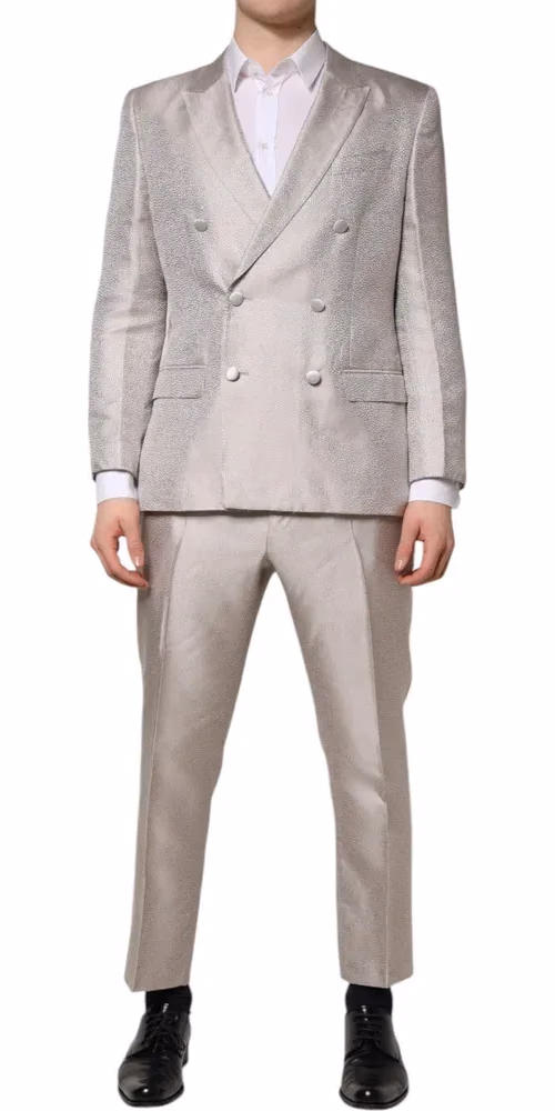 Dolce & Gabbana Light Gray Jacquard Silk Dotted 2 Piece Suit