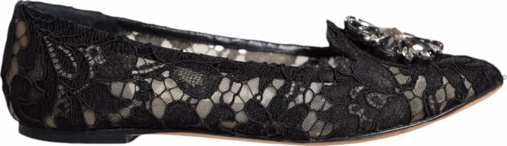 Dolce & Gabbana Black Lace Crystal Ballet Flats Loafer Shoes