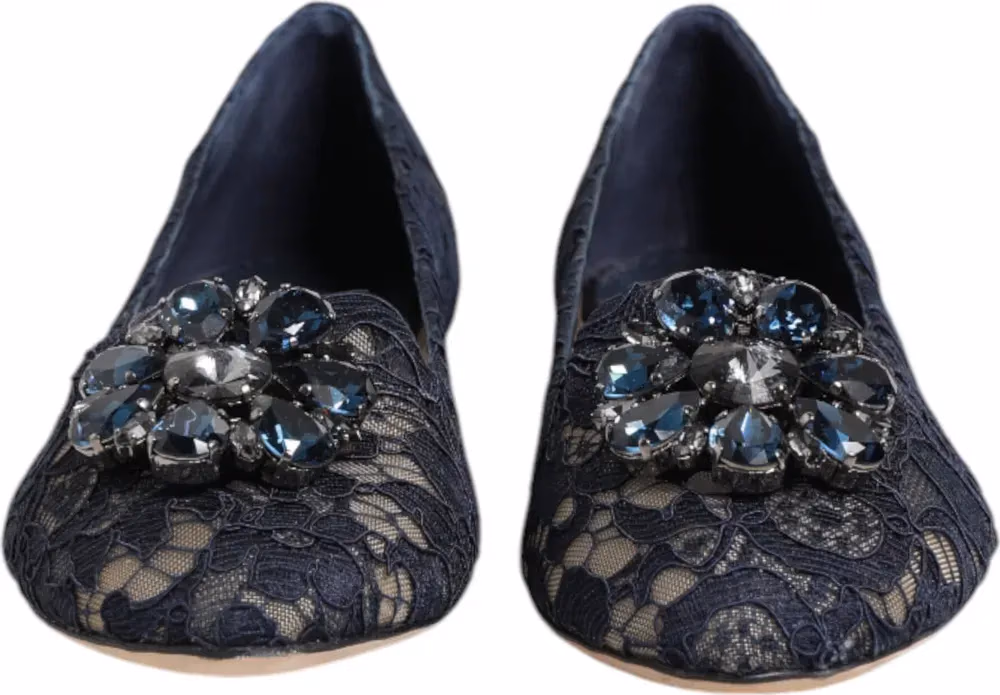 Dolce & Gabbana Blue Taormina Lace Crystals Flats Shoes