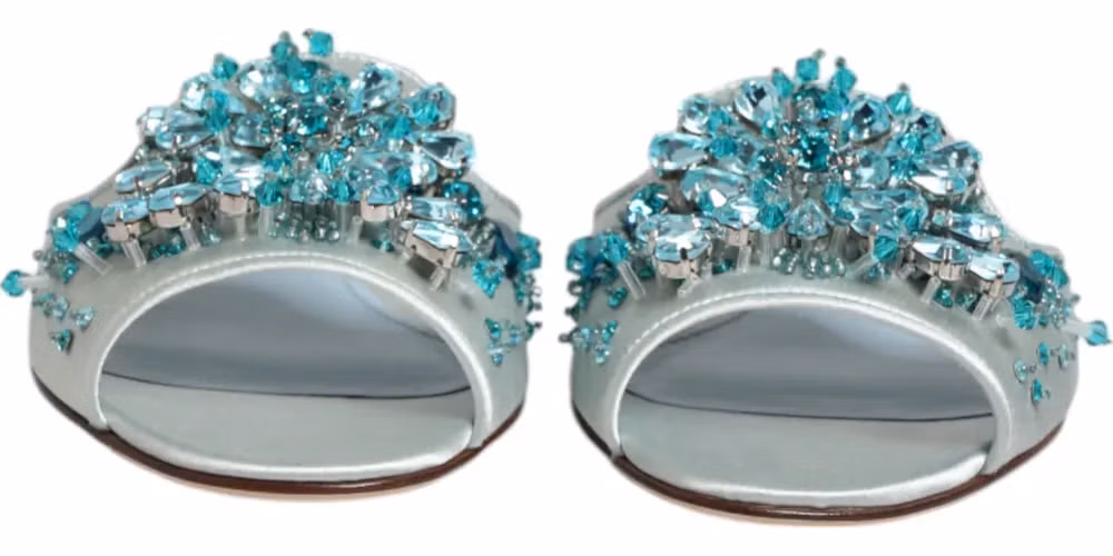 Dolce & Gabbana Silver Blue Leather Bead Embellish Slide Shoes