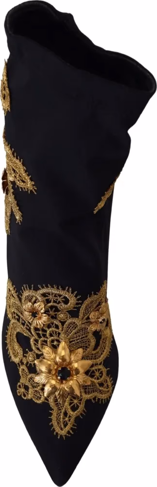 Dolce & Gabbana Black Gold Embroidery Crystal Boots Shoes