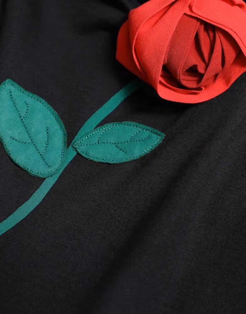 Dolce & Gabbana Black Wool Sleeveless Rose Applique Dress