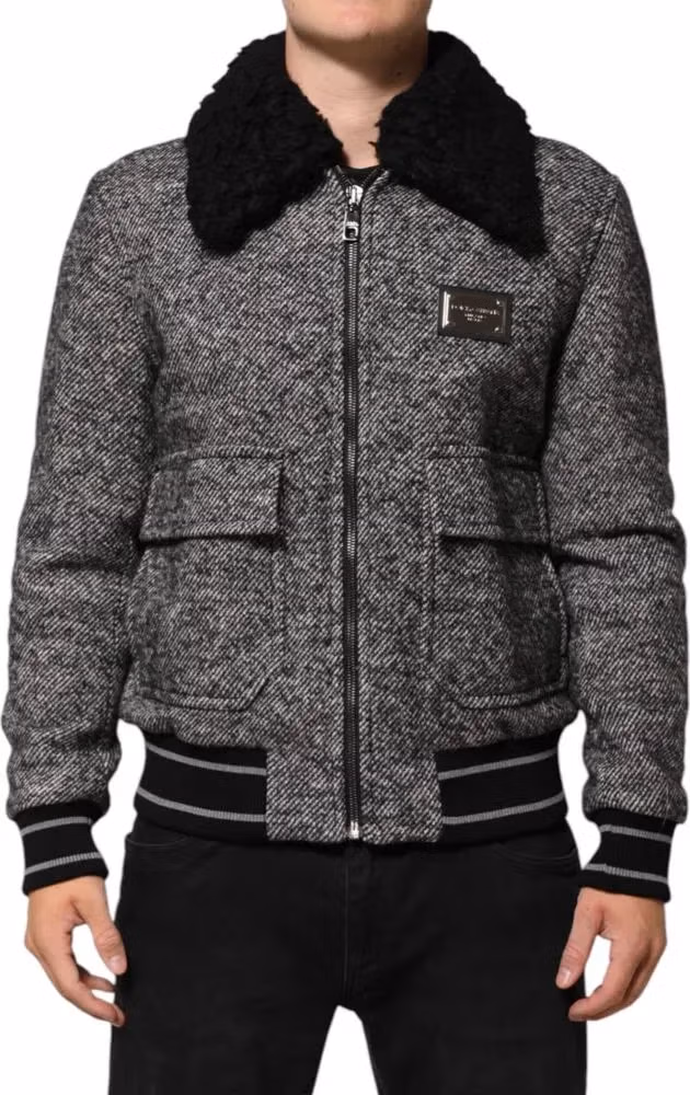 Dolce & Gabbana Gray Wool Herringbone Shearling Collar Bomber Jacket