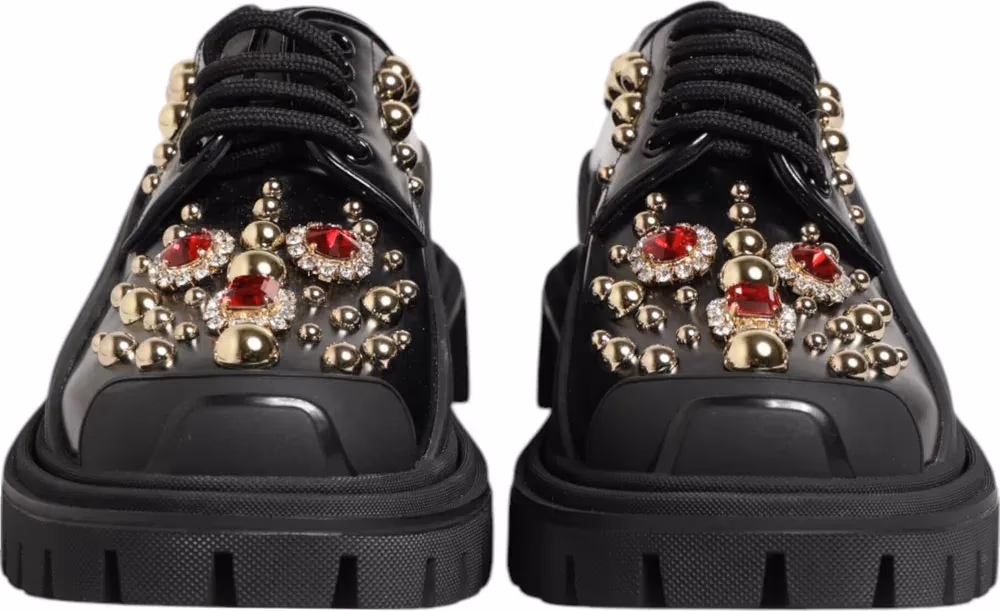 Dolce & Gabbana Black Leather Jeweled Crystals Derby Shoes