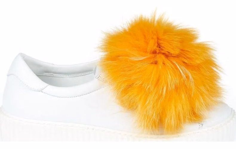 Mr&Mrs Italy White Textile Women Sneaker With Real Fur Pom Poms