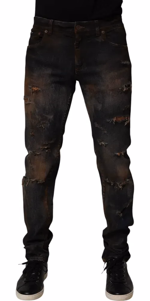 Dolce & Gabbana Black Cotton Skinny Tattered Men Denim Jeans