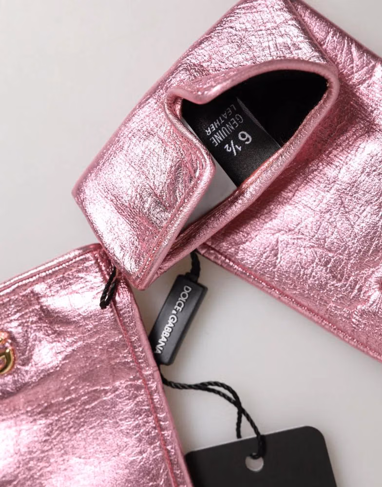 Dolce & Gabbana Pink Leather DG Logo Wrist Length Mitten Gloves
