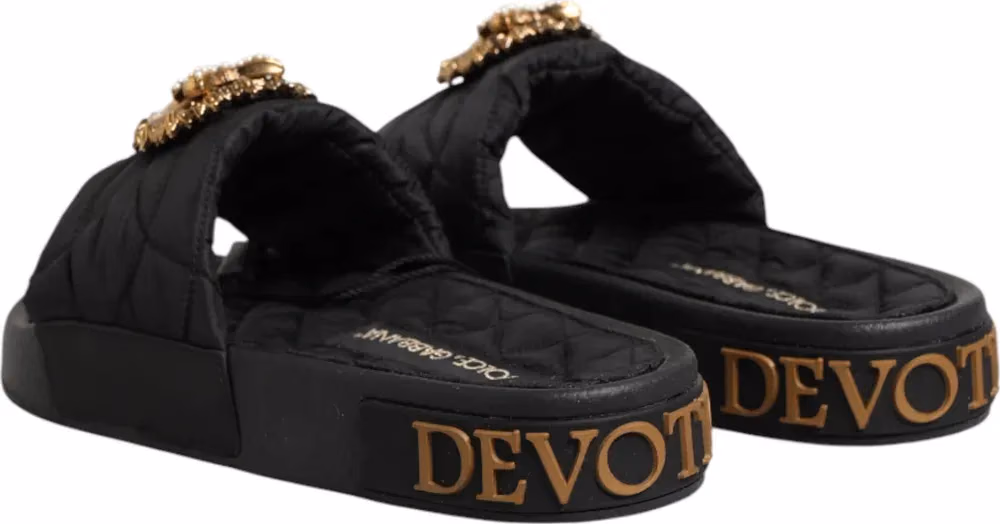 Dolce & Gabbana Black Devotion Matelassé Leather Slides Shoes