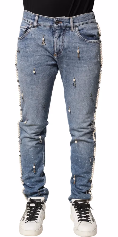 Dolce & Gabbana Blue Embellished Cotton Skinny Denim Jeans