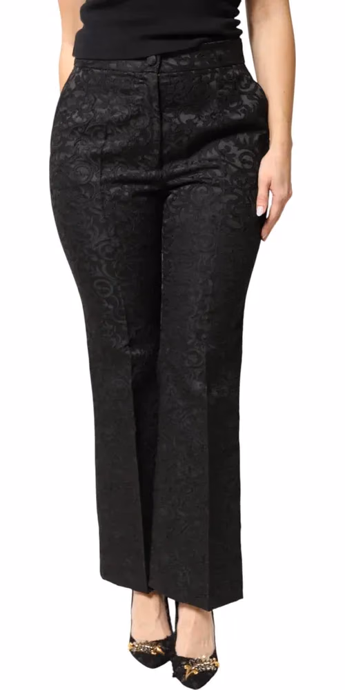 Dolce & Gabbana Black Floral Brocade High Waisted Trouser Pants
